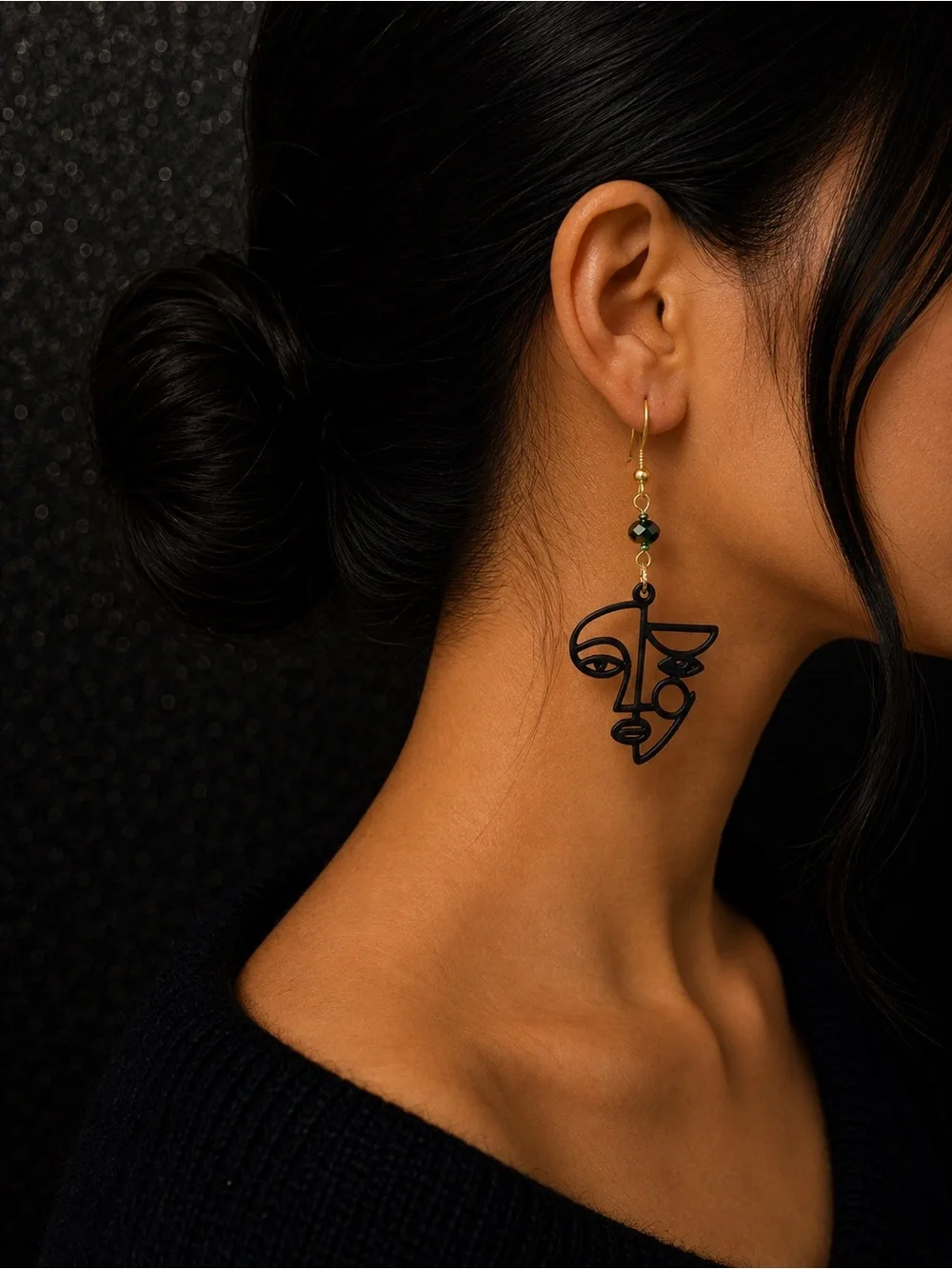 Abstract Face Drop Earrings - Black with Green Accent - Picture 3 of 5